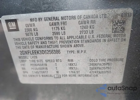 2013 Chevrolet Equinox 1Lt from USA, damaged, VIN 2GNFLEEK3D6256386